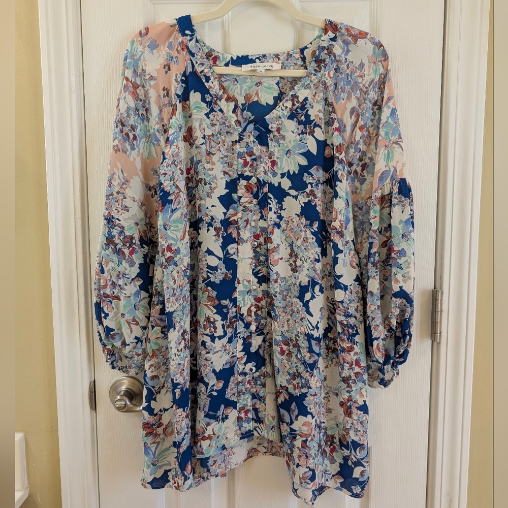 Rose & Olive Floral Print Blouse - Blue and Pink